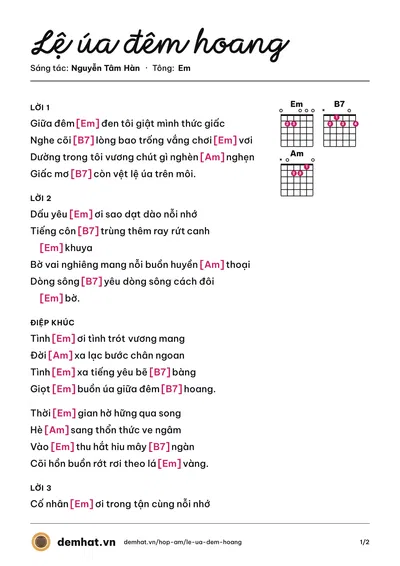 Hợp âm Lệ úa đêm hoang (Tố Mai) – bản nhạc PDF trang 1, tông Em