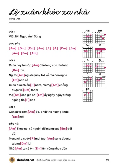 Hợp âm Lệ xuân khóc xa nhà (Ngọc Ánh Sáng) – bản nhạc PDF trang 1, tông Am