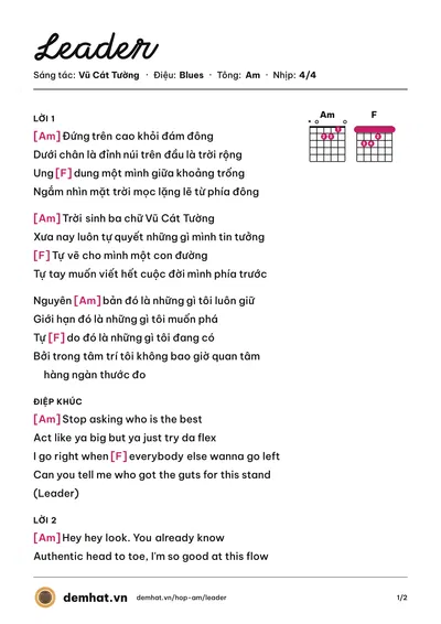 Hợp âm Leader (Vũ Cát Tường) – bản nhạc PDF trang 1, tông Am