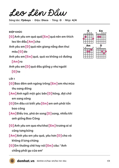 Hợp âm Leo Lên Đầu (Pjnboys) – bản nhạc PDF trang 1, tông G