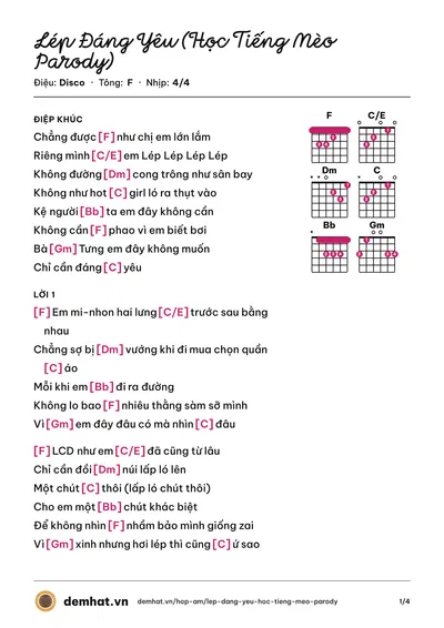 Hợp âm Lép Đáng Yêu (Học Tiếng Mèo Parody) (Rik) – bản nhạc PDF trang 1, tông F