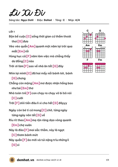 Hợp âm Lì Xì Đi (Sơn Thạch) – bản nhạc PDF trang 1, tông C
