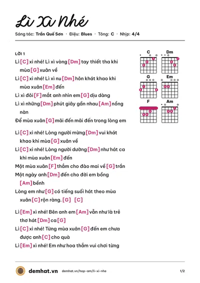 Hợp âm Lì Xì Nhé (Tóc Tiên) – bản nhạc PDF trang 1, tông C