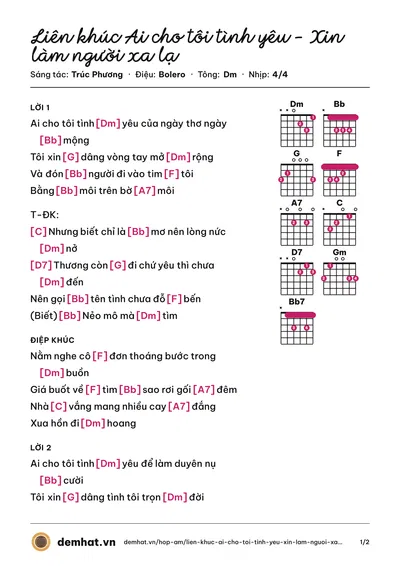 Hợp âm Liên khúc Ai cho tôi tình yêu – Xin làm người xa lạ (Chế Linh) – bản nhạc PDF trang 1, tông Dm