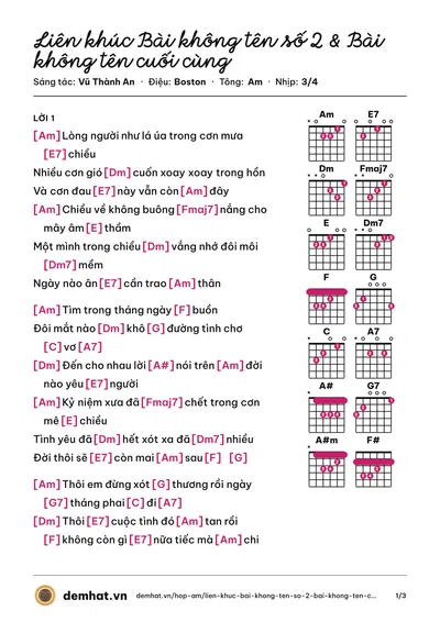 Hợp âm Liên khúc Bài không tên số 2 & Bài không tên cuối cùng (Hồ Hoàng Yến) – bản nhạc PDF trang 1, tông Am