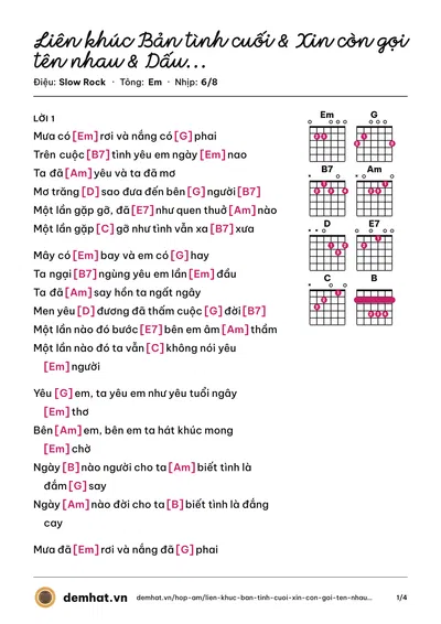 Hợp âm Liên khúc Bản tình cuối & Xin còn gọi tên nhau & Dấu tình sầu – bản nhạc PDF trang 1, tông Em