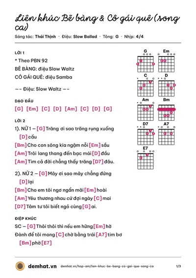 Hợp âm Liên khúc Bẽ bàng & Cô gái quê (song ca) (Hà Phương) – bản nhạc PDF trang 1, tông G