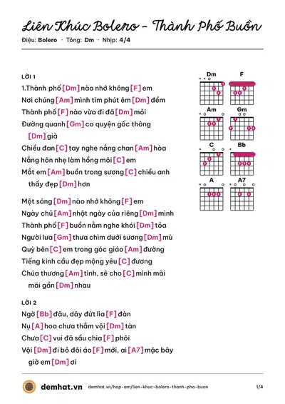 Hợp âm Liên Khúc Bolero - Thành Phố Buồn (Trường Vũ) – bản nhạc PDF trang 1, tông Dm