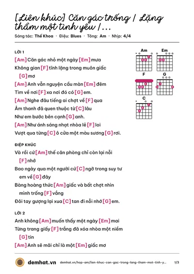 Hợp âm [Liên khúc] Căn gác trống / Lặng thầm một tình yêu / Apologize (Thế Khoa) – bản nhạc PDF trang 1, tông Am