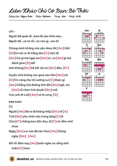 Hợp âm Liên Khúc Chỉ Có Bạn Bè Thôi (Lê Sang) – bản nhạc PDF trang 1, tông Am