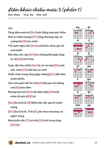 Hợp âm Liên khúc chiều mưa 3 (phần 1) – bản nhạc PDF trang 1, tông Em