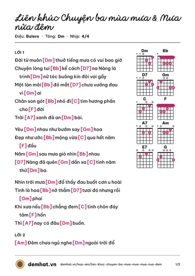 Hợp âm Liên khúc Chuyện ba mùa mưa & Mưa nửa đêm – bản nhạc PDF trang 1, tông Dm