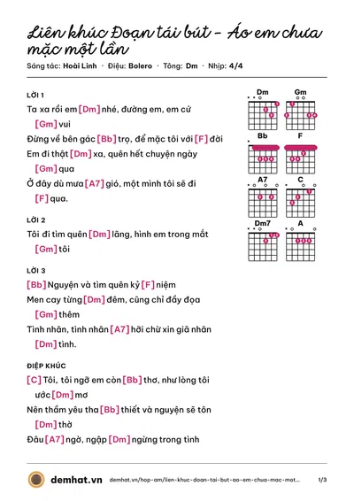 Hợp âm Liên khúc Đoạn tái bút – Áo em chưa mặc một lần (Chế Linh) – bản nhạc PDF trang 1, tông Dm
