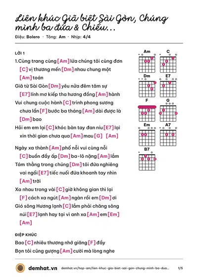 Hợp âm Liên khúc Giã biệt Sài Gòn, Chúng mình ba đứa & Chiều thương đô thị (Phương Ý) – bản nhạc PDF trang 1, tông Am