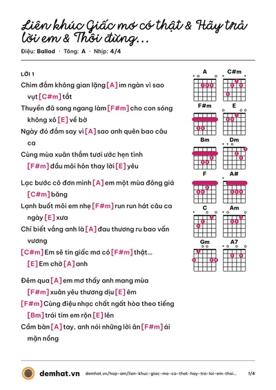Hợp âm Liên khúc Giấc mơ có thật & Hãy trả lời em & Thôi đừng chiêm bao – bản nhạc PDF trang 1, tông A