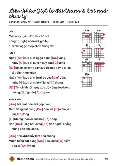 Hợp âm Liên khúc Giọt lệ đài trang & Đôi ngả chia ly (Trường Vũ) – bản nhạc PDF trang 1, tông Am