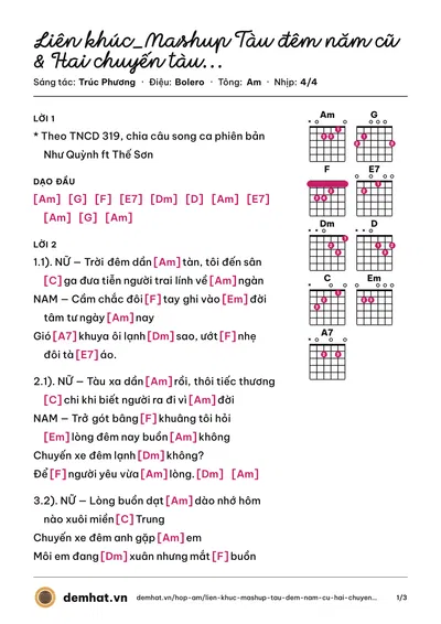 Hợp âm Liên khúc_Mashup Tàu đêm năm cũ & Hai chuyến tàu đêm (song ca) (Trúc Phương) – bản nhạc PDF trang 1, tông Am