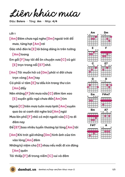 Hợp âm Liên khúc mưa – bản nhạc PDF trang 1, tông Am