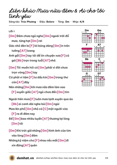 Hợp âm Liên khúc Mưa nửa đêm & Ai cho tôi tình yêu (Trúc Phương) – bản nhạc PDF trang 1, tông Dm