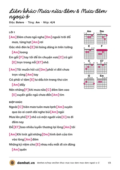 Hợp âm Liên khúc Mưa nửa đêm & Mưa đêm ngoại ô – bản nhạc PDF trang 1, tông Am