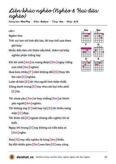Hợp âm Liên khúc nghèo (Nghèo & Hai đứa nghèo) (Mạnh Đình) – bản nhạc PDF trang 1, tông Am