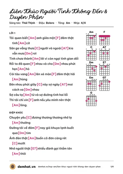 Hợp âm Liên Khúc Người Tình Không Đến & Duyên Phận (Như Quỳnh) – bản nhạc PDF trang 1, tông Am
