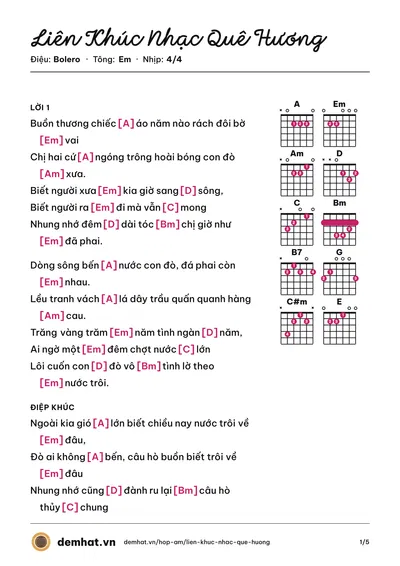 Hợp âm Liên Khúc Nhạc Quê Hương (Quân Keyboard) – bản nhạc PDF trang 1, tông Em