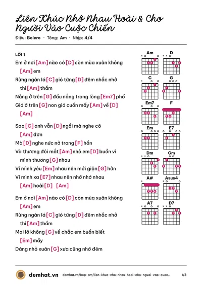 Hợp âm Liên Khúc Nhớ Nhau Hoài & Cho Người Vào Cuộc Chiến (Quang Lê) – bản nhạc PDF trang 1, tông Am
