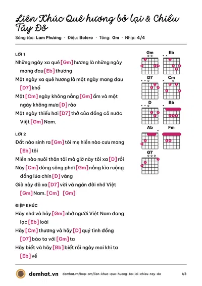 Hợp âm Liên Khúc Quê hương bỏ lại & Chiều Tây Đô (Lam Phương) – bản nhạc PDF trang 1, tông Gm