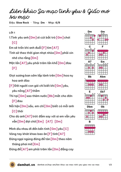 Hợp âm Liên khúc Sa mạc tình yêu & Giấc mơ sa mạc (Don Hồ) – bản nhạc PDF trang 1, tông Dm