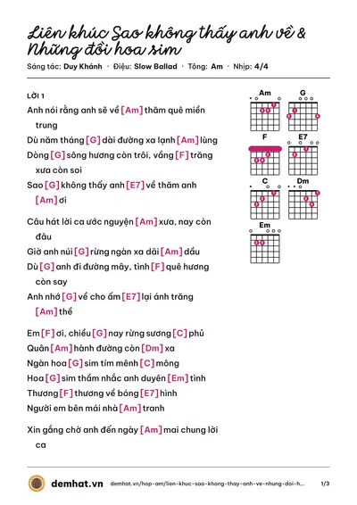Hợp âm Liên khúc Sao không thấy anh về & Những đồi hoa sim (Duy Khánh) – bản nhạc PDF trang 1, tông Am