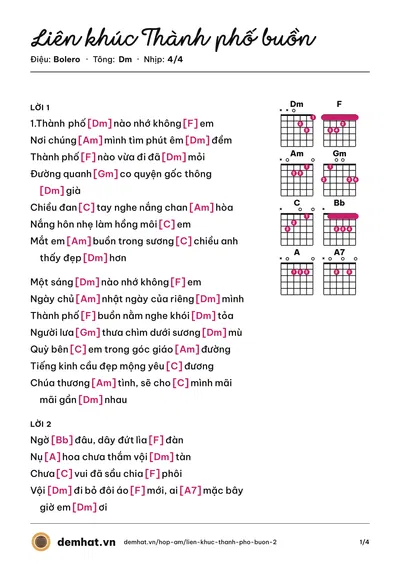 Hợp âm Liên khúc Thành phố buồn – bản nhạc PDF trang 1, tông Dm