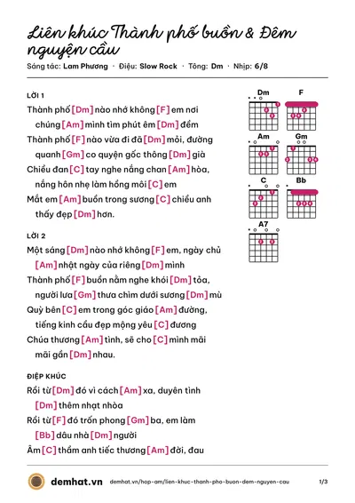 Hợp âm Liên khúc Thành phố buồn & Đêm nguyện cầu (Trường Vũ) – bản nhạc PDF trang 1, tông Dm