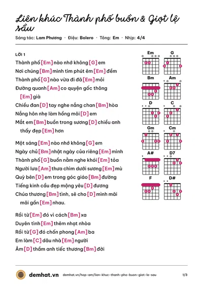 Hợp âm Liên khúc Thành phố buồn & Giọt lệ sầu (Đan Nguyên) – bản nhạc PDF trang 1, tông Em