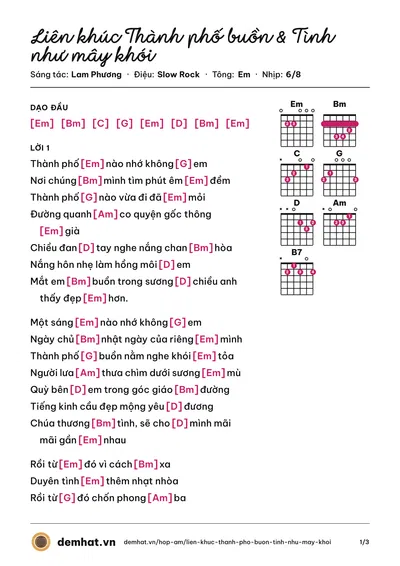 Hợp âm Liên khúc Thành phố buồn & Tình như mây khói (Lam Phương) – bản nhạc PDF trang 1, tông Em