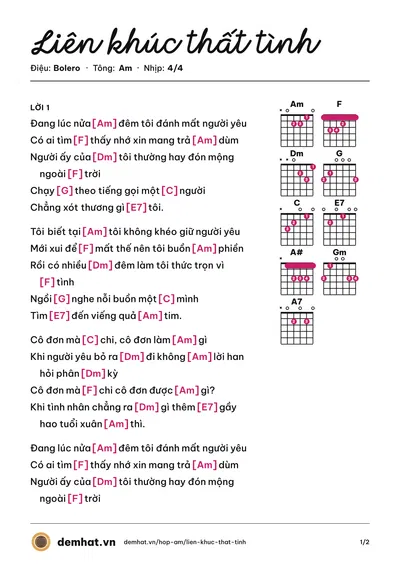 Hợp âm Liên khúc thất tình (Trường Vũ) – bản nhạc PDF trang 1, tông Am