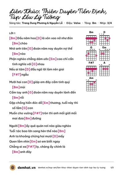 Hợp âm Liên Khúc: Thiên Duyên Tiền Định, Túp Lều Lý Tưởng (Ngọc Diệp) – bản nhạc PDF trang 1, tông Bm