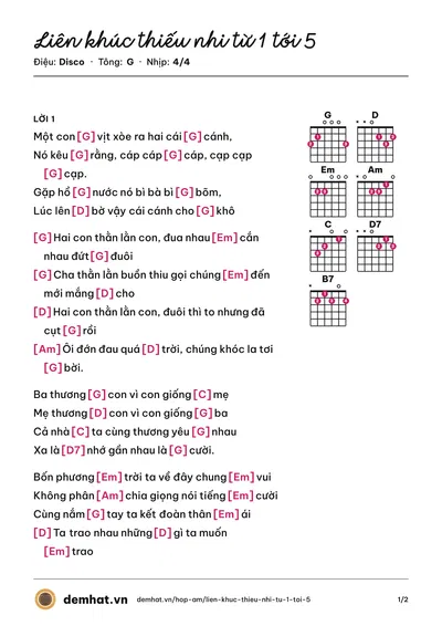 Hợp âm Liên khúc thiếu nhi từ 1 tới 5 (Haketu) – bản nhạc PDF trang 1, tông G