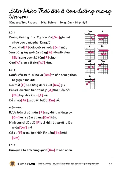 Hợp âm Liên khúc Thói đời & Con đường mang tên em (Chế Linh) – bản nhạc PDF trang 1, tông Dm