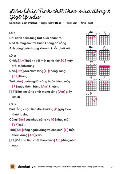Hợp âm Liên khúc Tình chết theo mùa đông & Giọt lệ sầu (Hương Lan) – bản nhạc PDF trang 1, tông Am