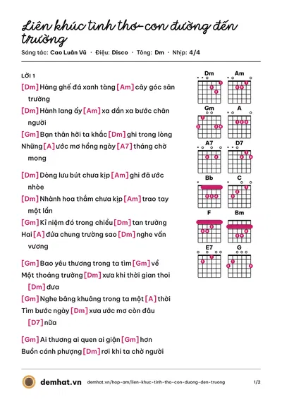 Hợp âm Liên khúc tình thơ-con đường đến trường (Lê Hiếu) – bản nhạc PDF trang 1, tông Dm