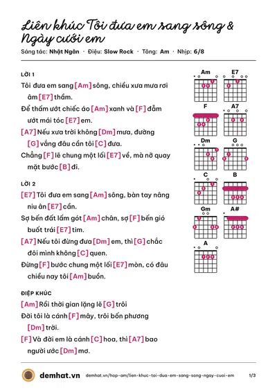 Hợp âm Liên khúc Tôi đưa em sang sông & Ngày cưới em (Karaoke) – bản nhạc PDF trang 1, tông Am