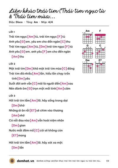 Hợp âm Liên khúc trái tim (Trái tim ngục tù & Trái tim mùa đông & Trái tim lầm lỡ) (Quang Minh) – bản nhạc PDF trang 1, tông Am
