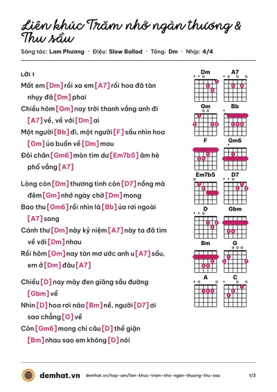 Hợp âm Liên khúc Trăm nhớ ngàn thương & Thu sầu (Cẩm Ly) – bản nhạc PDF trang 1, tông Dm