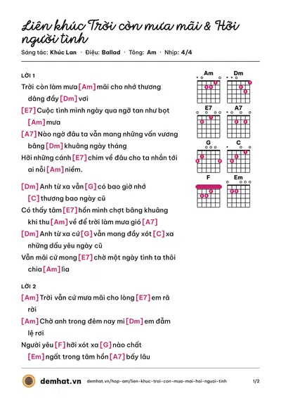 Hợp âm Liên khúc Trời còn mưa mãi & Hỡi người tình (Giang Hồng Ngọc) – bản nhạc PDF trang 1, tông Am
