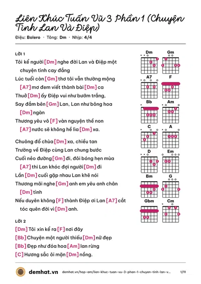 Hợp âm Liên Khúc Tuấn Vũ 3 Phần 1 (Chuyện Tình Lan Và Điệp) (Tuấn Vũ) – bản nhạc PDF trang 1, tông Dm