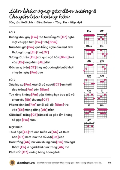 Hợp âm Liên khúc vọng gác đêm sương & Chuyến tàu hoàng hôn (Chế Linh) – bản nhạc PDF trang 1, tông Fm