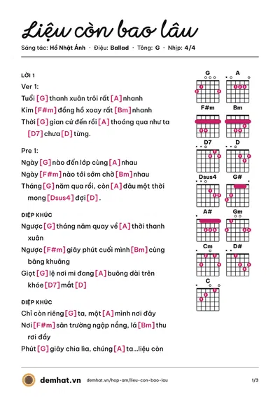 Hợp âm Liệu còn bao lâu (Hồ Nhật Ánh) – bản nhạc PDF trang 1, tông G