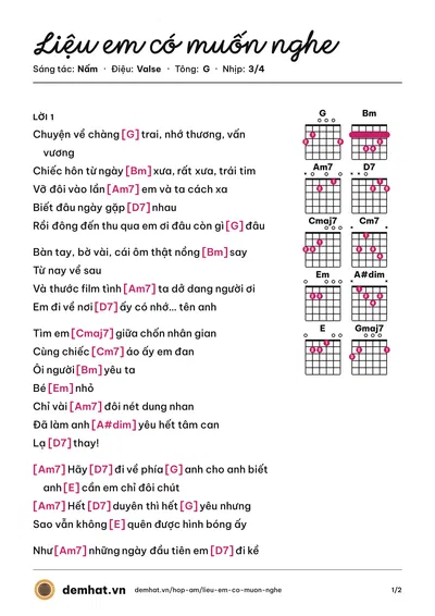 Hợp âm Liệu em có muốn nghe (Nấm) – bản nhạc PDF trang 1, tông G