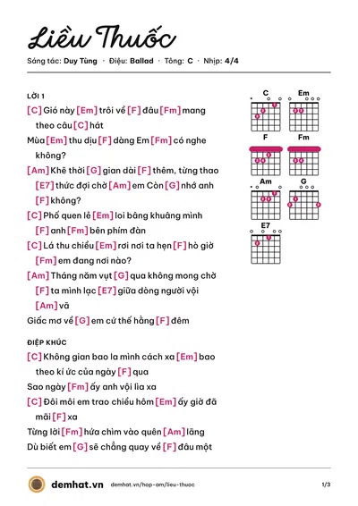 Hợp âm Liều Thuốc (Duy Tùng) – bản nhạc PDF trang 1, tông C
